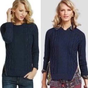 CAbi #899 Cotton Cable Knit Navy Fitted Zipper Hip Crew Neck Pullover Sweater MD
